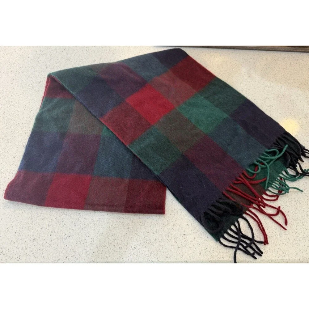 Nordstrom Red Blue Plaid Scarf 100% Cashmere 12x64 Fringe Made in Germany